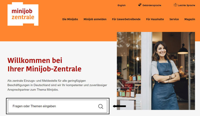 Darstellung der Suche auf minijob-zentrale.de