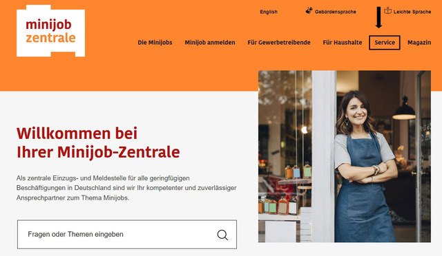 Darstellung vom Service auf minijob-zentrale.de